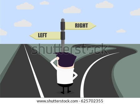confused businessman looking at a roadsign, difficult choice concept, , eps10 vector illustration