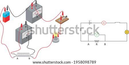 Ohm's law diagram. Isolated vector illustration of an electrical circuit made of a lamp, a battery, a switch, a resistance, an ammeter and a voltmeter, in isometric view over white background.