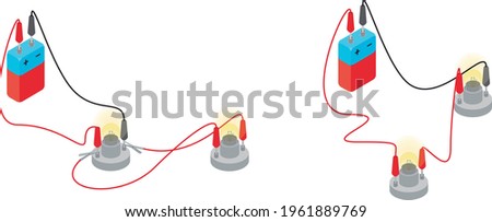 Parallel and series circuits vector illustration, isolated on white background. Simple electrical circuit made of a battery and two lamps.