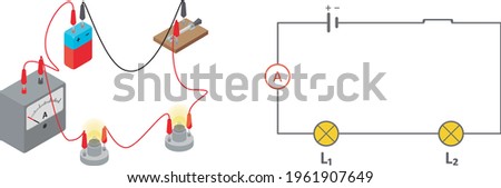 Vector illustration of an electric circuit diagram, isolated on white background. Electric circuit made of a battery, a switch, two lamps in series and an ammeter.