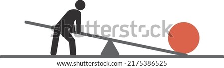 Isolated vector illustration of a simple lever. Man holding lever trying to lift heavy weight by means of fulcrum. 