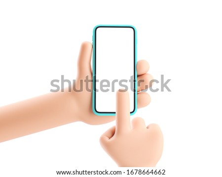 3d illustration. Cartoon hand holding phone on white background. Cartoon device Mockup.