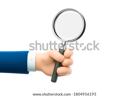 Cartoon businessman character hand holding a magnifying glass. Inspection, exploration, zoom, scrutiny, audit, analysis concepts. 3d illustration. 