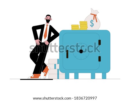 Big safe with money and businessman. Business concept. Vector illustration. 
