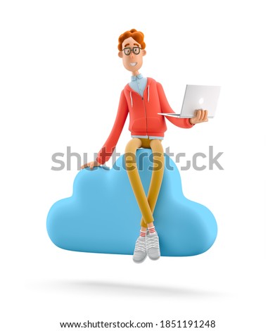 Concept mobile application and cloud services. Nerd Larry sits on big cloud sign. 3d illustration.