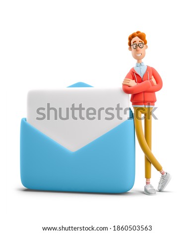 Nerd Larry standing next to a large mail. 3d illustration.