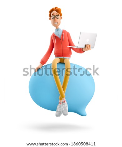 Social media concept. Nerd Larry sits on a bubble talk. 3d illustration.