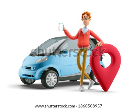 Car sharing concept. Nerd Larry with smart car. 3d illustration.