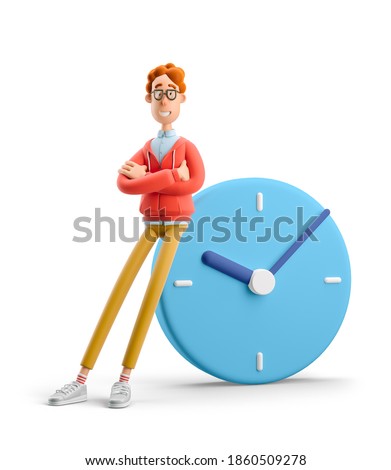 Time management concept. Nerd Larry with big clock. 3d illustration.