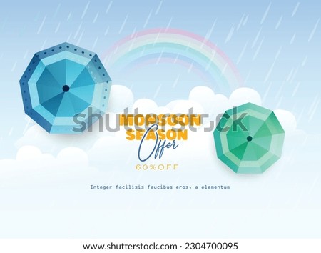 Illustration for Monsoon Huge Offer or Sale with creative design , umbrella, clouds, water drops.