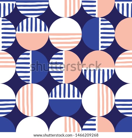 Oversized Retro Geo Dots Vector Seamless Pattern. Over Scaled Modern Geometric Blue and Pink Circles. Simple Bold Streaking Minimalist Background. Perfect for Fashion, Home Decor