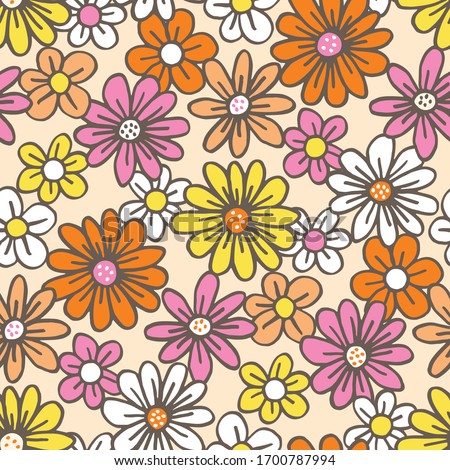 Retro Palette Hand Drawn Felt Tip Pen Daisies on Cream Background Floral Vector Seamless Pattern. Orange Pink Yellow Flowers Design. Bold Large Vintage Blooms Fashion, Textile Trendy Print