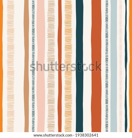 Hand-drawn whimsical textured organic vertical lines and stripes vector seamless pattern. Doodle folk abstract geometric print in bright colors. Marks, scribbles. Perfect for home decor