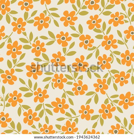Colorful Small Scale Hand-Drawn Floral Vector Seamless Pattern. Retro 70s Style Nostalgic Fashion Textile Bold Background. Summer Resort Print. Ditsy Daisies. Flower Power