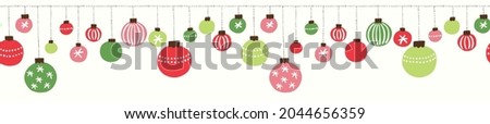 Colorful Green and Red Christmas Hanging Baubles Hand Drawn Vector Seamless Pattern Horizontal Border. Winter Holiday, New Year Party Print. Modern Festive Illustration Background
