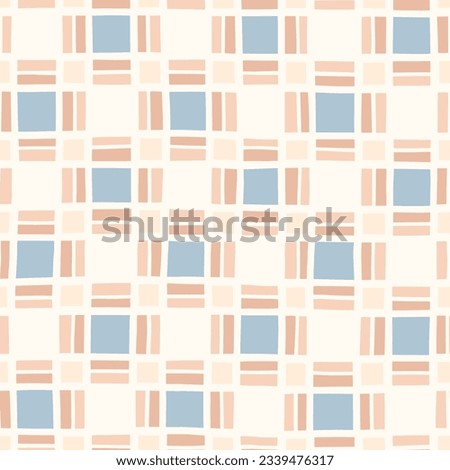 Hand-Drawn Blue and Pink Geometric Checks Vector Seamless Pattern. Modern Retro Palyful Print. Organic Square Shapes