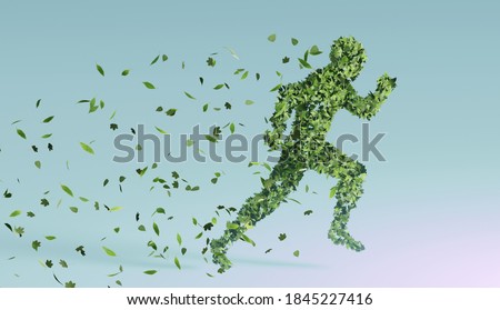 3D render of the silhouette of man running made of green leaves leaving a trail of leaves behind him. Conceptualization of sustainability, nature, ecological activism and green economy on the rise
