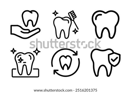 Tooth icon set featuring dentistry symbols and clean tooth designs. Perfect for medical, dental health, and hygiene visuals. Vector illustrations on a white background.