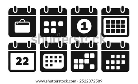 Calendar Icon Set. Features editable time management symbols. Includes icons for months, days, weeks, reminders, and more. Perfect for websites, and apps related to scheduling, planning, and events.