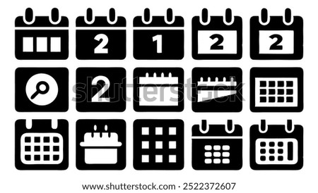 Calendar Icon Set. Features editable time management symbols. Includes icons for months, days, weeks, reminders, and more. Perfect for websites, and apps related to scheduling, planning, and events.