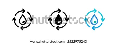 Recycle water icon set. Water drop with 4 sync arrows. Planet bio protection circle flat design