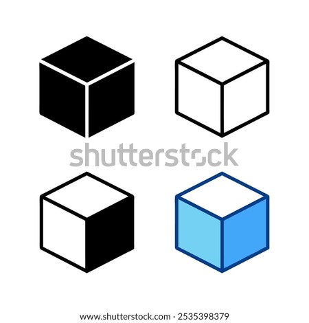 Cube set isolated vector icons featuring 3D boxes in various styles. Simple black block symbols perfect for web and app design, geometric projects, and user interface elements. Clean and modern design