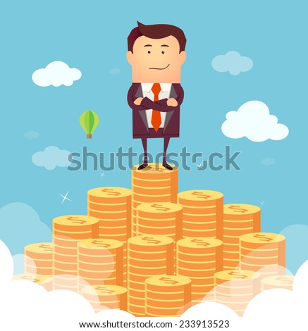 Vector illustration of businessman proudly standing on the huge money staircase. Flat style business concept
