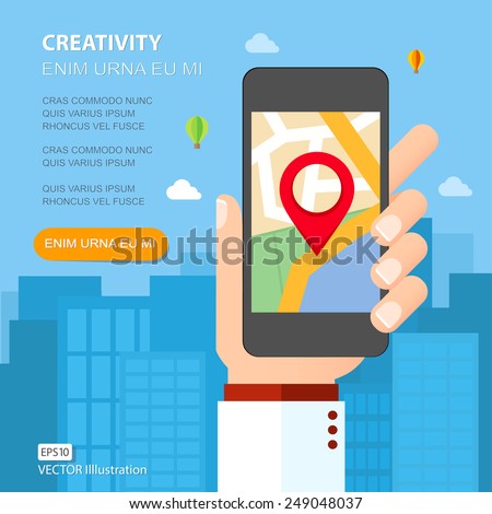 Hand holding smartphone with mobile gps navigation on the screen. Flat design vector illustration