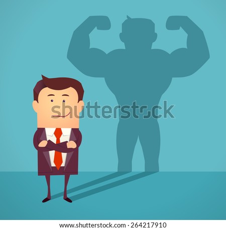 Businessman casting strong man shadow. Successful businessman concept. Vector illustration