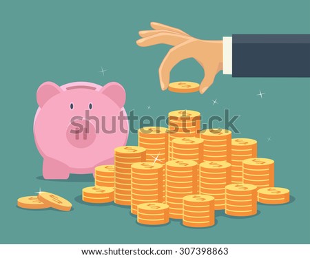 Hand put coin to money staircase. Profit, piggy bank, making money. For business and finance concept.