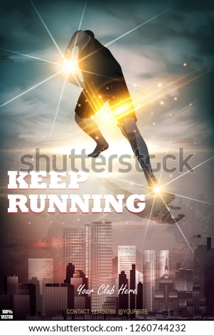 Runner athlete silhouette fast running above city silhouette bright colors contrast marathon running event club advertising banner web flyer flyer sporting event achievement success. Vector EPS 10