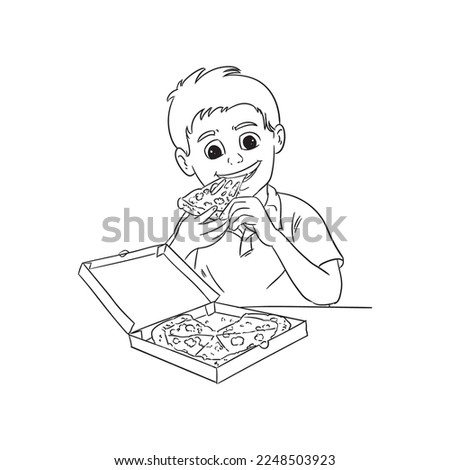 boy eating pizza line art vector