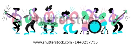 Vector flat illustration with doodle musicians. Music band plays their instruments. Bright color trendy design for print, textile, postcard, advertising, music festivals, musical groups