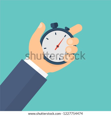 Stopwatch in hand. Timer. Time management. Vector illustration. Flat design for business financial marketing banking advertising web concept cartoon illustration.