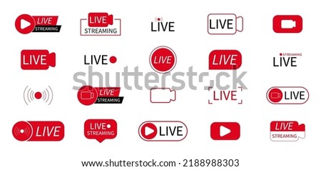 Large set of red buttons for streaming, live broadcast, blog, stream. Modern technologies for the design of video content, news feeds. Vector illustration . 