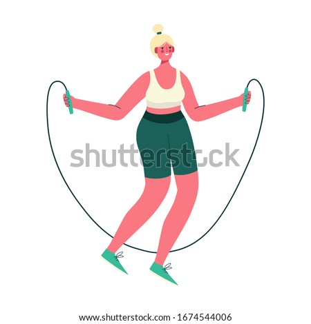 Woman activities. Girl jump with skipping rope cartoon flat vector illustration. Fitness exercise with jumping rope. Body workout, gymnastic training. Healthy Lifestyle