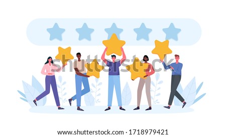 People are holding stars, giving five star Feedback. Clients choosing satisfaction rating and leaving positive review. Feedback consumer, customer review evaluation. Flat cartoon vector illustration. Stockfoto © 