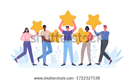 People are holding stars, giving five star Feedback. Clients choosing satisfaction rating and leaving positive review. Feedback consumer, customer review evaluation. Flat cartoon vector illustration.