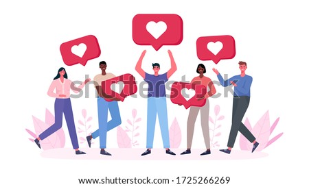 People are holding like notifications. Male and female followers gives like on social media. Like icon. Marketing, SMM, CEO, Business. Landing page, template, ui, web. Flat cartoon vector illustration.