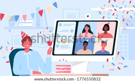 Online internet party, birthday, meeting friends. Birthday celebration in quarantine mode. Friends have fun in a video conference,chat. People drink wine together in quarantine. Vector illustration.