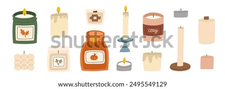 Various scented candles set. Collection of cozy aromatic candles. Aromatherapy and relaxation. Hand drawn flat vector illustration.