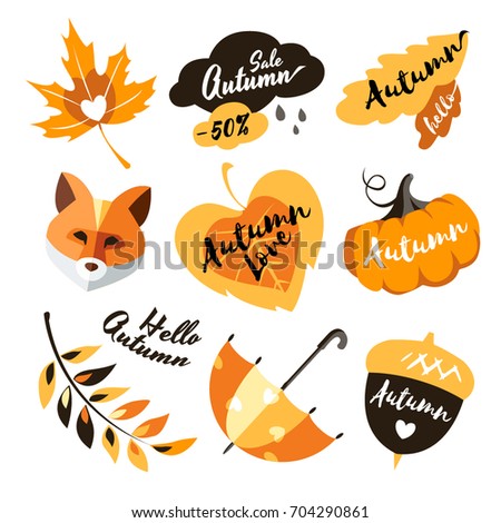 love autumn label sticker collection set traditional objects leaf heart clouds pumpkin fox umbrella 