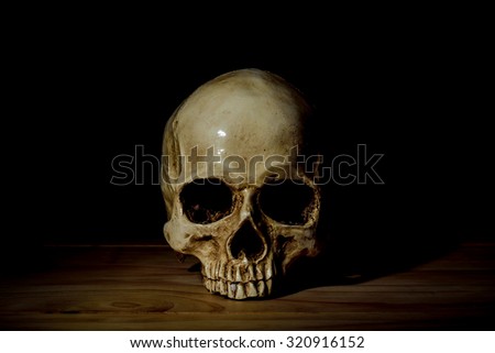 Dark and shadowy human skull in a pool of light and dark background