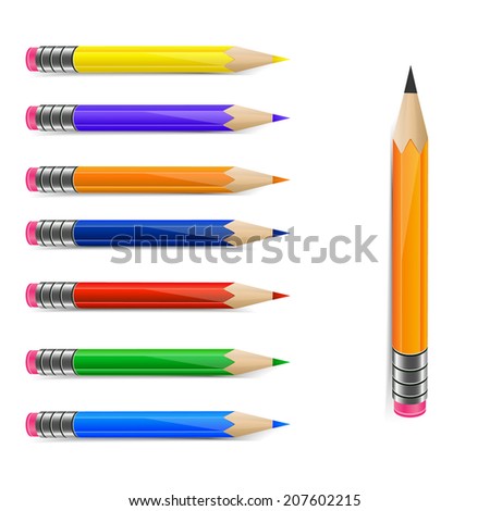 Graphite pencil and set of rainbow colors pencils on white background