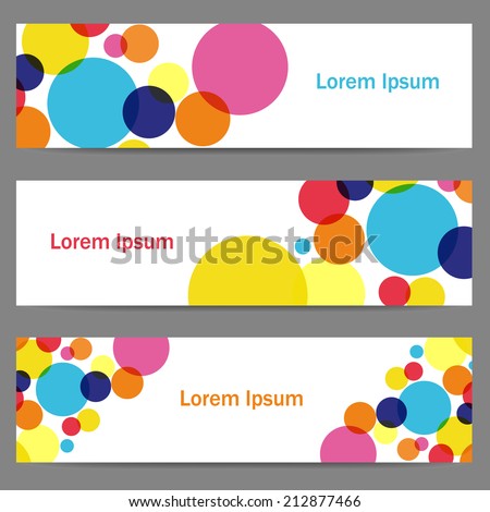 Set of three banners with colorful circles on white background. Jolly rainbow cards