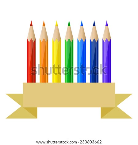 Set of rainbow pencils and blank banner in paper style