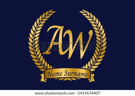 Initial letter A and W, AW monogram logo design with laurel wreath. Luxury golden emblem with calligraphy font.