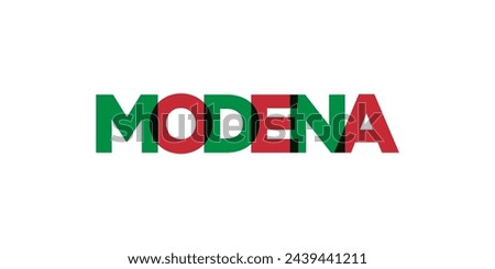 Modena in the Italia emblem for print and web. Design features geometric style, vector illustration with bold typography in modern font. Graphic slogan lettering isolated on white background.