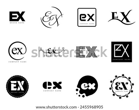 EX logo company template. Letter e and x logotype. Set different classic serif lettering and modern bold text with design elements. Initial font typography. Collection trendy business identity.