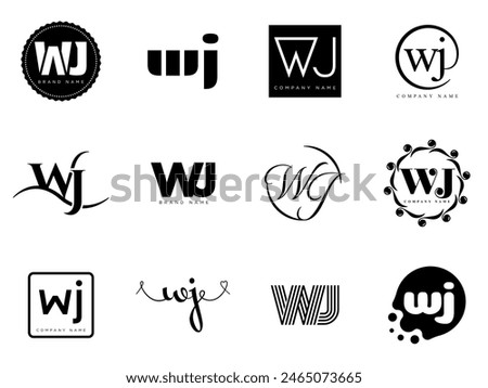 WJ logo company template. Letter w and j logotype. Set different classic serif lettering and modern bold text with design elements. Initial font typography. Collection trendy business identity.